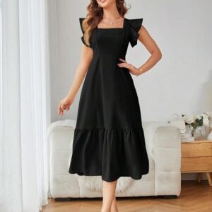 Shasmi Girl's & Women's Solid Color Square Neck, Ruffle-Trimmed Hem Sleeveless, Ruffle Armhole and Casual Dress with Cinched Waist Vacation Outfits Woman (Dress 162) Black