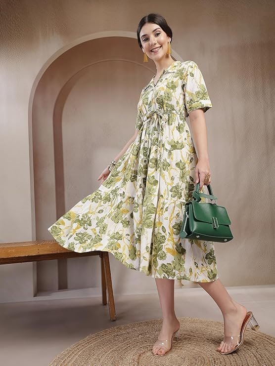 Stylum Women's Floral Printed Cotton Flared Dress Green - Image 3