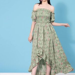 OOMPH! Flared Dress for Women Stylish | Long One Piece for Women | Off Shoulder Puff Sleeve Long Dress | Floral Print Maxi One Piece | Western & Fusion wear Bohemian Style Light Green