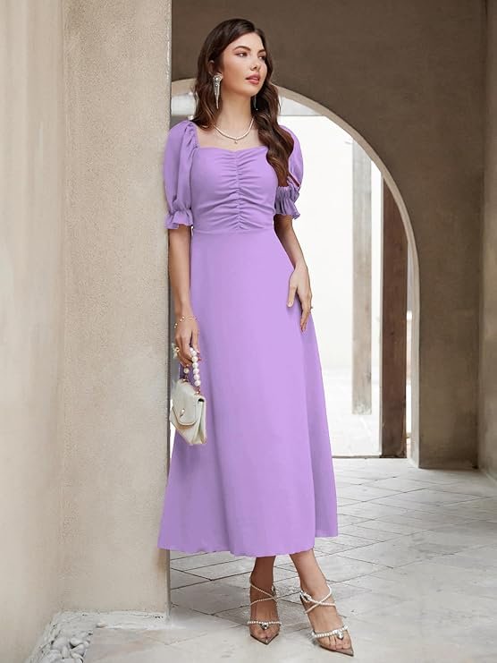 Shasmi Girl's & Women's Solid A-Line Ruched Puff Sleeve Maxi Long Evening One Piece Long Dress for Women Stylish (Dress 131) Light Purple - Image 2