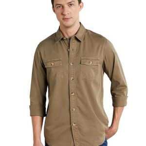 Symbol Premium Men's Casual Washed Cotton Twill Shirt (Regular Fit) Khaki