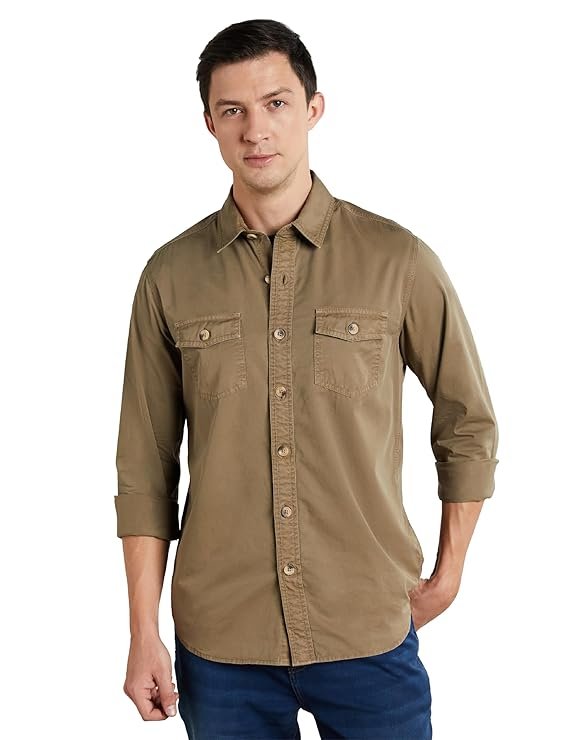 Symbol Premium Men's Casual Washed Cotton Twill Shirt (Regular Fit) Khaki