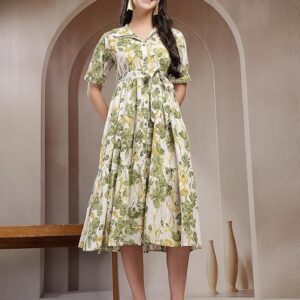 Stylum Women's Floral Printed Cotton Flared Dress Green
