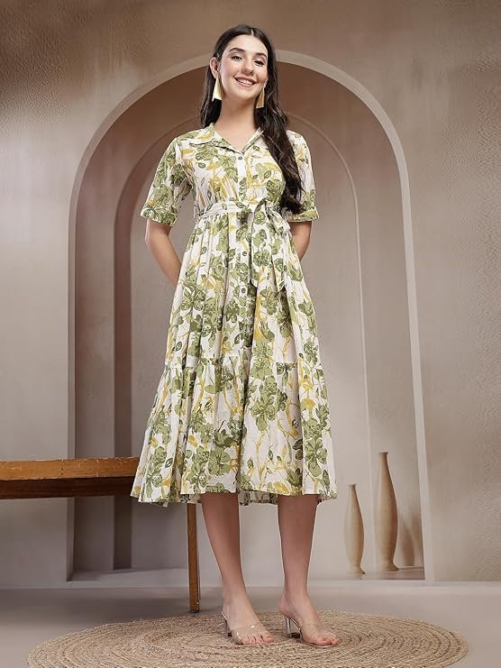 Stylum Women's Floral Printed Cotton Flared Dress Green