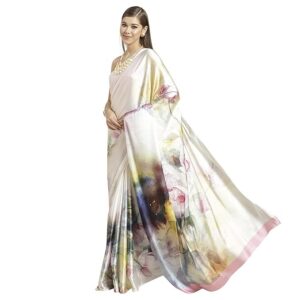 Womanista Women's Digital Floral Print Satin Saree(TI2636_White_Onesize)