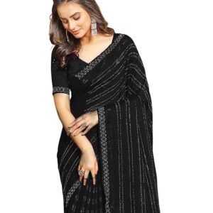SIRIL Women's Chiffon Hot Fixing Stone Work Saree With Unstitched Blouse Piece Black