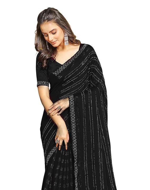 SIRIL Women's Chiffon Hot Fixing Stone Work Saree With Unstitched Blouse Piece Black