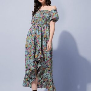 OOMPH! Flared Dress for Women Stylish | Long One Piece for Women | Off Shoulder Puff Sleeve Long Dress | Floral Print Maxi One Piece | Western & Fusion wear Bohemian Style Green