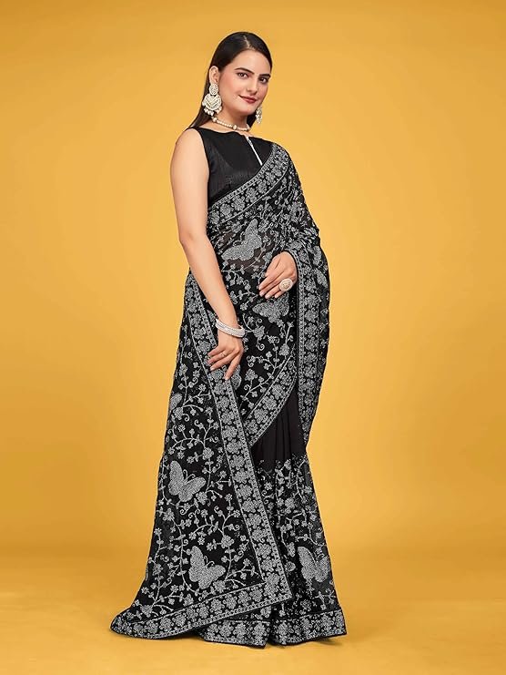 Manohari Most Trendy Embroidery Saree With Unstich Blouse Piece Black - Image 2