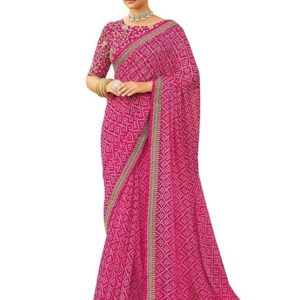 SIRIL Women's Bandhani Printed Embroidery Lace Georgette Saree with Unstitched Blouse Piece Pink White