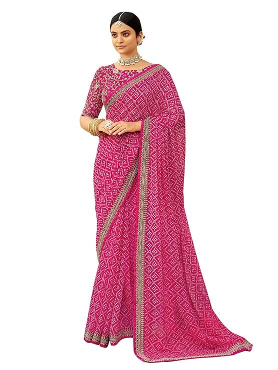 SIRIL Women's Bandhani Printed Embroidery Lace Georgette Saree with Unstitched Blouse Piece Pink White
