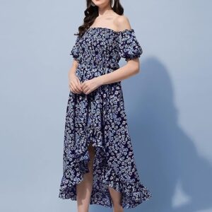 OOMPH! Flared Dress for Women Stylish | Long One Piece for Women | Off Shoulder Puff Sleeve Long Dress | Floral Print Maxi One Piece | Western & Fusion wear Bohemian Style Blue