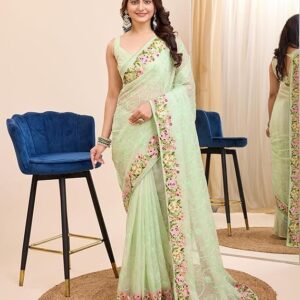 Ekasya Women Soft Organza Black Embroidery Saree (E6200_3) - Elegant Design, Intricate Embroidery, Lightweight, Perfect for Weddings, Parties, and Special Occasions, Stylish and Comfortable Fit Neo Mint