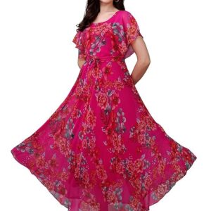 Fashion2wear Women's Georgette Floral Digital Print Short Sleeve Full-Length Fit & Flare Long Gown Dress for Girls (LN-X9TQ-MN1D) Pink_Flower