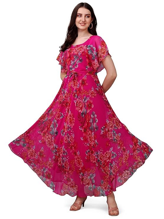 Fashion2wear Women's Georgette Floral Digital Print Short Sleeve Full-Length Fit & Flare Long Gown Dress for Girls (LN-X9TQ-MN1D) Pink_Flower