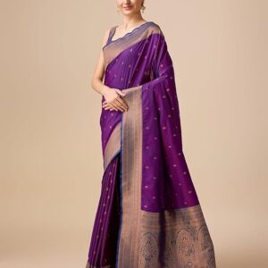 Monjolika Fashion Women's Elegant Banarasi Silk Saree with Intricate Zari Work with Rich Brocade Patterns and Unstitched Blouse Piece Dark Purple