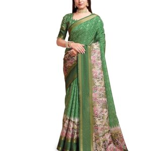 Rekha Maniyar Women's Pure Silk Kalamkari Printed Saree With Unstitched Blouse Green
