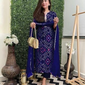 GoSriKi Women's Rayon Viscose Straight Bandhej Printed Kurta with Pant & Dupatta Blue