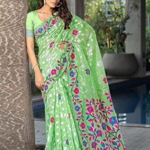 SIRIL Women's Cotton Jacquard Saree With Unstitched Blouse Piece Light Green