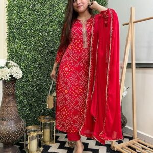 GoSriKi Women's Rayon Viscose Straight Bandhej Printed Kurta with Pant & Dupatta Red