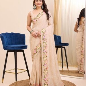 Ekasya Women Soft Organza Black Embroidery Saree (E6200_3) - Elegant Design, Intricate Embroidery, Lightweight, Perfect for Weddings, Parties, and Special Occasions, Stylish and Comfortable Fit Cream