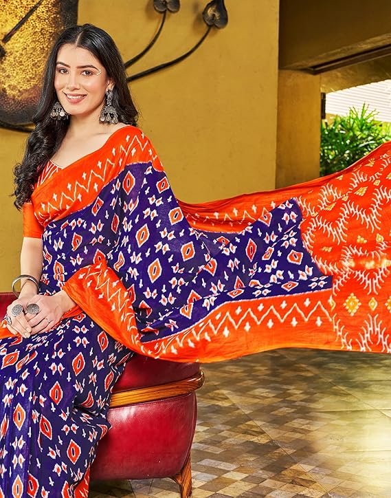 SIRIL Women's Cotton Printed Ready To Wear One Minute Saree With Unstitched Blouse Orange & Blue - Image 3