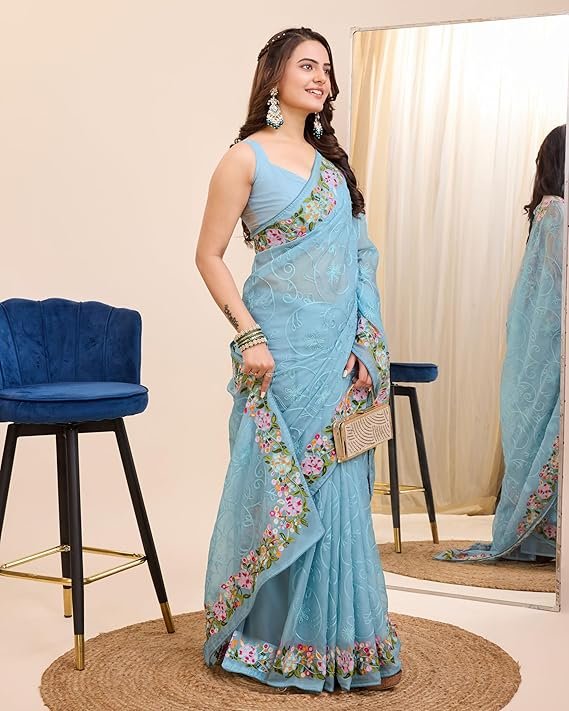 Ekasya Women Soft Organza Black Embroidery Saree (E6200_3) - Elegant Design, Intricate Embroidery, Lightweight, Perfect for Weddings, Parties, and Special Occasions, Stylish and Comfortable Fit Sky Blue - Image 3