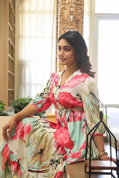 Leriya Fashion Women?s Floral High-Low Maxi Dress | V-Neck A-Line Fit | 3/4 Sleeve Summer Outfit for Vacation, Brunch, Festive & Beach Wear Pink - Image 2