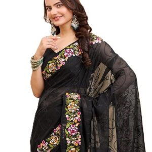 Ekasya Women Soft Organza Black Embroidery Saree (E6200_3) - Elegant Design, Intricate Embroidery, Lightweight, Perfect for Weddings, Parties, and Special Occasions, Stylish and Comfortable Fit Black