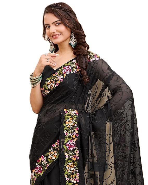 Ekasya Women Soft Organza Black Embroidery Saree (E6200_3) - Elegant Design, Intricate Embroidery, Lightweight, Perfect for Weddings, Parties, and Special Occasions, Stylish and Comfortable Fit Black