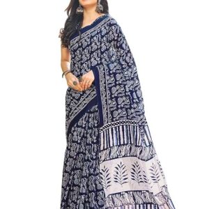 SIRIL Women's Cotton Printed Ready To Wear One Minute Saree With Unstitched Blouse Piece Dark Blue