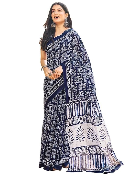 SIRIL Women's Cotton Printed Ready To Wear One Minute Saree With Unstitched Blouse Piece Dark Blue