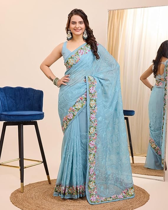 Ekasya Women Soft Organza Black Embroidery Saree (E6200_3) - Elegant Design, Intricate Embroidery, Lightweight, Perfect for Weddings, Parties, and Special Occasions, Stylish and Comfortable Fit Sky Blue
