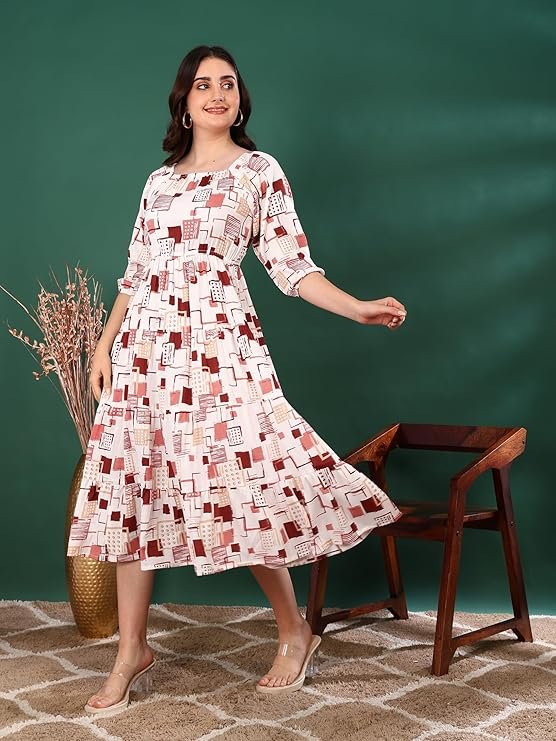 Yash Gallery Women's Rayon Floral Printed Tiered Style Maxi Dress Brown