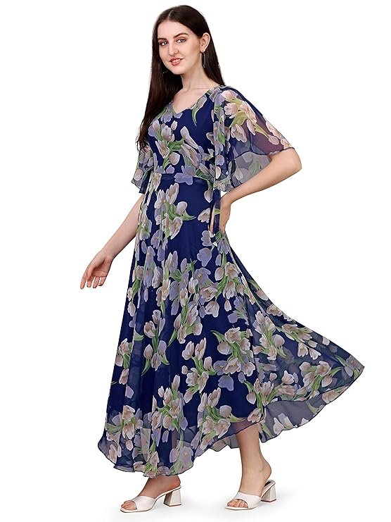 Fashion2wear Women's Georgette Floral Digital Print Short Sleeve Full-Length Fit & Flare Long Gown Dress for Girls (LN-X9TQ-MN1D) Blue_Flower - Image 2