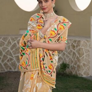 SIRIL Women's Cotton Jacquard Saree With Unstitched Blouse Piece Light Beige