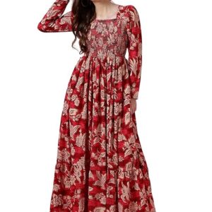 Sheetal Associates Women's Floral Puff Sleeve High Waist A Line Flowy Long Dress Red