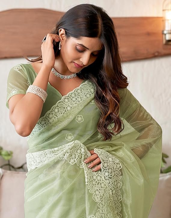 SIRIL Women's Embroidery Work Organza Saree with Unstitched Blouse Piece Pista Green - Image 3