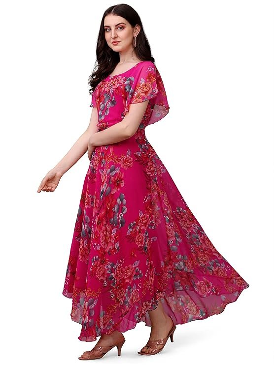 Fashion2wear Women's Georgette Floral Digital Print Short Sleeve Full-Length Fit & Flare Long Gown Dress for Girls (LN-X9TQ-MN1D) Pink_Flower - Image 2