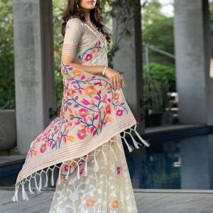 SIRIL Women's Cotton Jacquard Saree With Unstitched Blouse Piece Cream