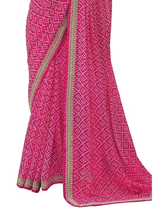 SIRIL Women's Bandhani Printed Embroidery Lace Georgette Saree with Unstitched Blouse Piece Pink White - Image 2
