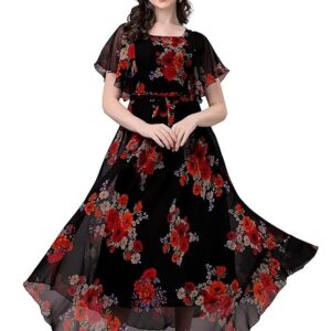 Fashion2wear Women's Georgette Floral Digital Print Short Sleeve Full-Length Fit & Flare Long Gown Dress for Girls (LN-X9TQ-MN1D) Black_Flower