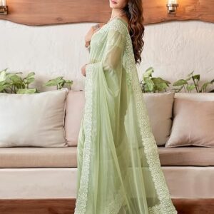 SIRIL Women's Embroidery Work Organza Saree with Unstitched Blouse Piece Pista Green
