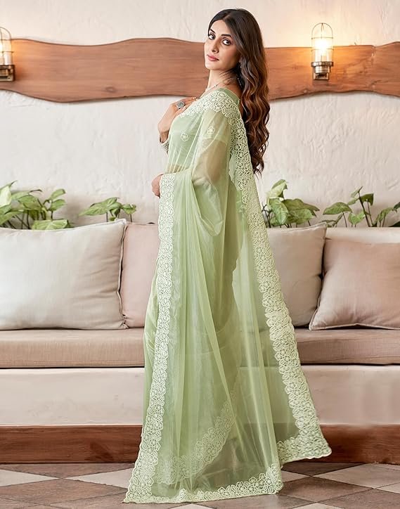 SIRIL Women's Embroidery Work Organza Saree with Unstitched Blouse Piece Pista Green