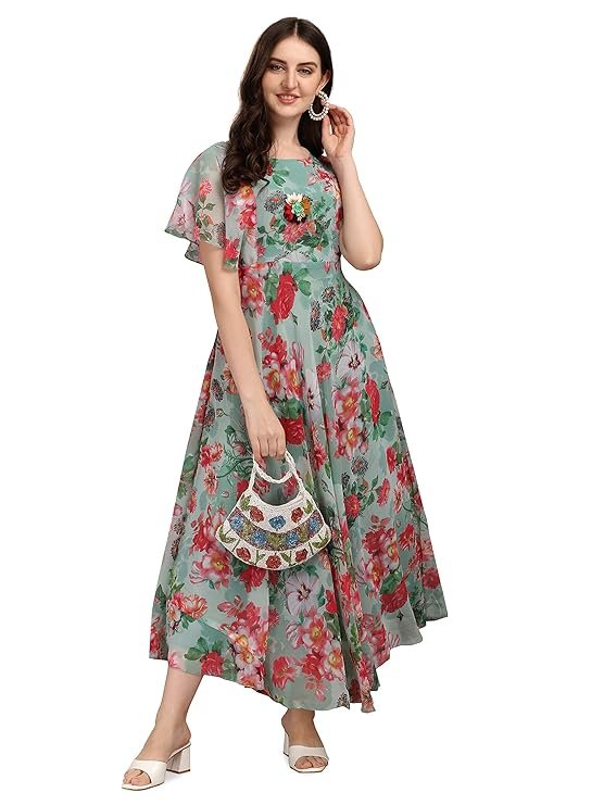 Fashion2wear Women's Georgette Floral Digital Print Short Sleeve Full-Length Fit & Flare Long Gown Dress for Girls (LN-X9TQ-MN1D) Green_Flower - Image 3