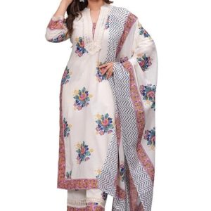 Amayra Women's Pure Cotton Printed Straight Kurta Set with Palazzo Pants & Dupatta- Ethnic Wear, White