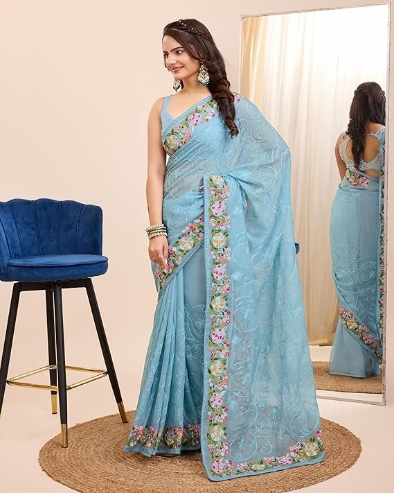 Ekasya Women Soft Organza Black Embroidery Saree (E6200_3) - Elegant Design, Intricate Embroidery, Lightweight, Perfect for Weddings, Parties, and Special Occasions, Stylish and Comfortable Fit Sky Blue - Image 2