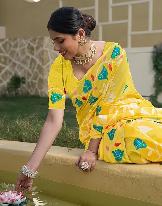 SIRIL Women's Cotton Jacquard Saree With Unstitched Blouse Piece Yellow - Image 2