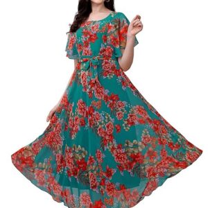 Fashion2wear Women's Georgette Floral Digital Print Short Sleeve Full-Length Fit & Flare Long Gown Dress for Girls (LN-X9TQ-MN1D) Sky_Flower