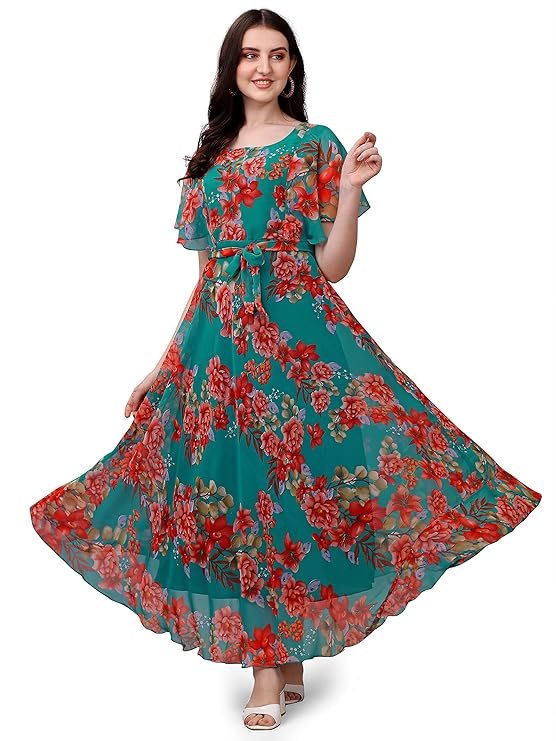 Fashion2wear Women's Georgette Floral Digital Print Short Sleeve Full-Length Fit & Flare Long Gown Dress for Girls (LN-X9TQ-MN1D) Sky_Flower